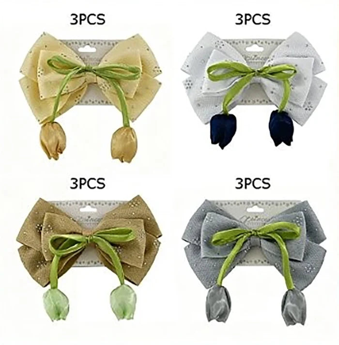 Elegant Tulip Ribbon Hair Bow Clip – 15cm Rhinestone Large Hair Barrette with Floral Dangles – Cute Coquette Hair Accessories for Women and Girls, 4-Color Pack (HC-29649I)