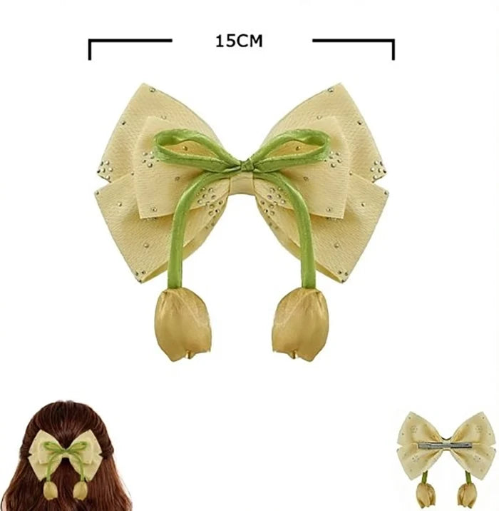 Elegant Tulip Ribbon Hair Bow Clip – 15cm Rhinestone Large Hair Barrette with Floral Dangles – Cute Coquette Hair Accessories for Women and Girls, 4-Color Pack (HC-29649I)