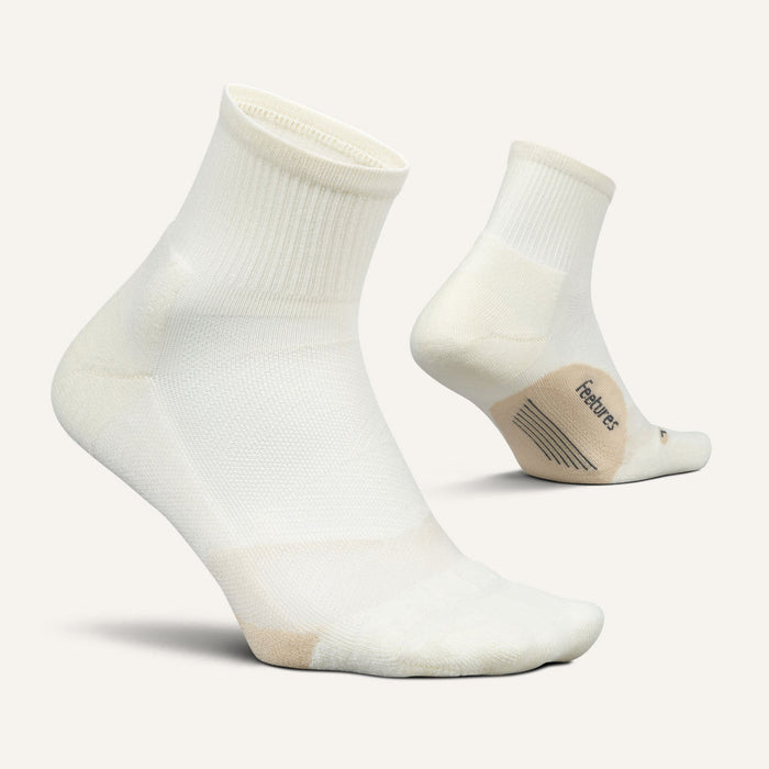 Feetures Elite Light Cushion Quarter socks in white, featuring ribbed cuff and reinforced heel and toe, side view.