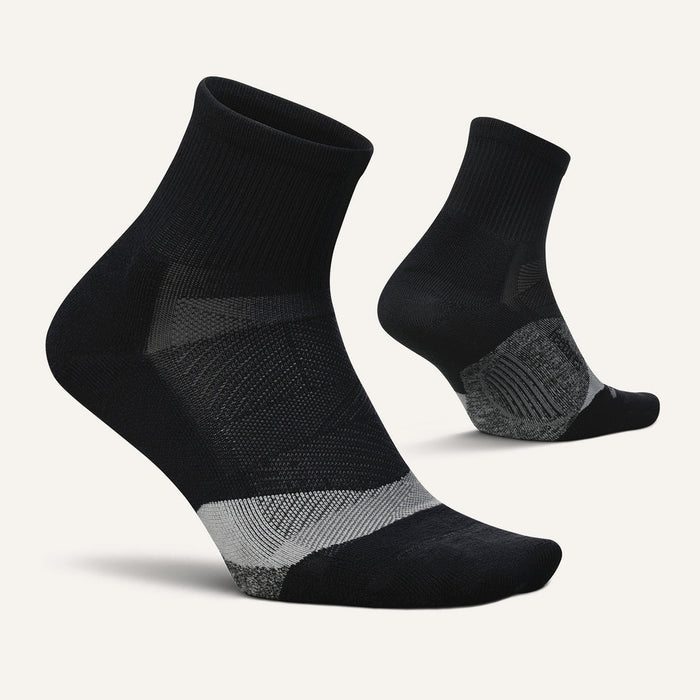 Feetures Elite Light Cushion Quarter socks in black with gray cushioning, side view showing arch support details.