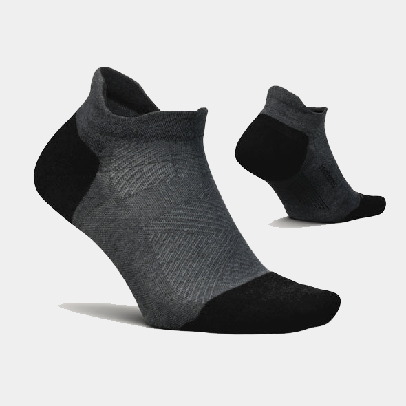 Feetures Elite Max Cushion No Show Tab socks in dark gray and black with targeted compression and enhanced cushioning, side angle view.