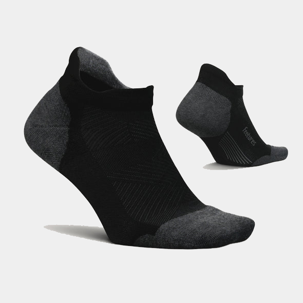 Feetures Elite Max Cushion No Show Tab socks in black and gray, featuring targeted compression and enhanced cushioning, side view.