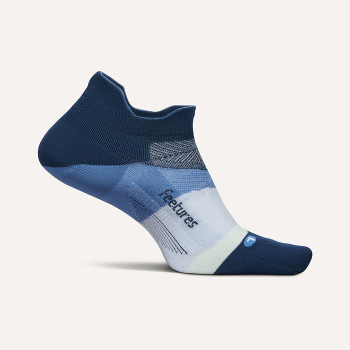 Feetures Elite Ultra Light No Show Tab socks in blue and white with moisture-wicking fibers, side view.