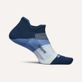 Feetures Elite Ultra Light No Show Tab socks in blue and white with moisture-wicking fibers, side view.