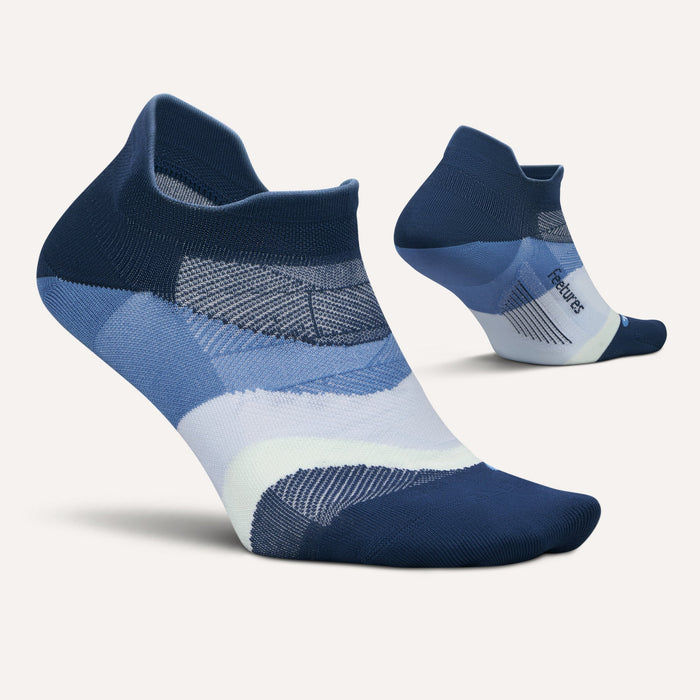 Feetures Elite Ultra Light No Show Tab socks in blue tones with breathable fabric, side view showing arch support.