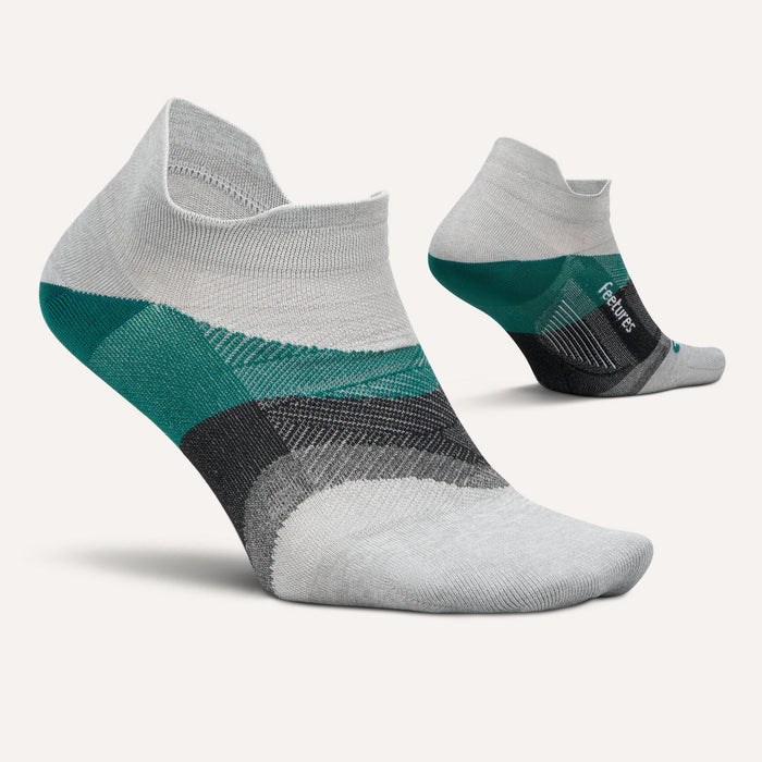 Feetures Elite Ultra Light No Show Tab socks in gray with teal and black accents, side view with seamless toe.
