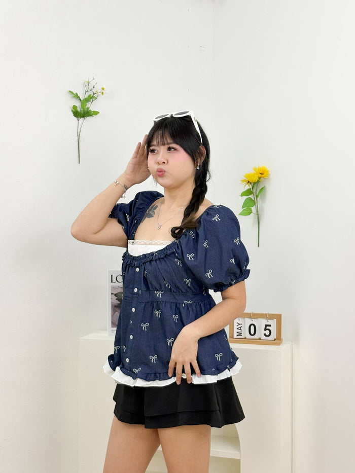 Estelle Lacey Ribbon Blouse (Dark Blue)