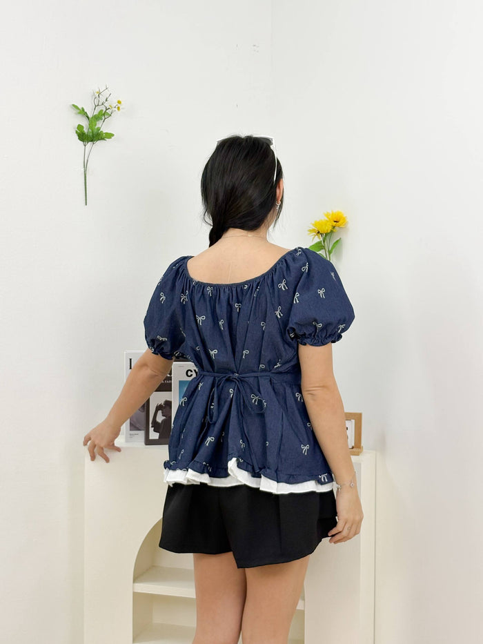 Estelle Lacey Ribbon Blouse (Dark Blue)