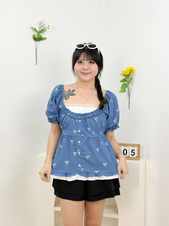 Estelle Lacey Ribbon Blouse (Light Blue)