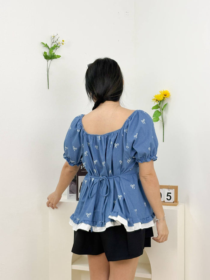 Estelle Lacey Ribbon Blouse (Light Blue)