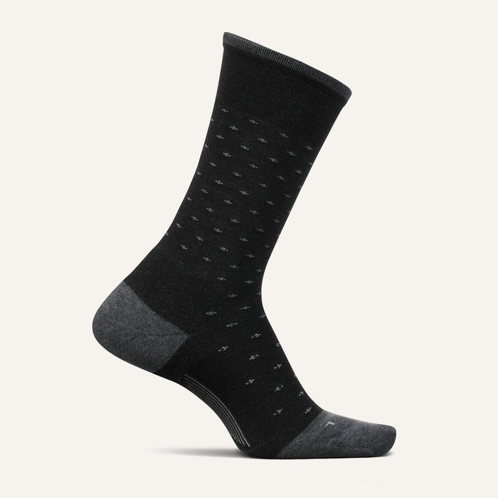 Feetures Everyday Men's Max Cushion Crew socks in black with gray accents, dotted pattern, and reinforced heel and toe, side view.