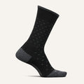 Feetures Everyday Men's Max Cushion Crew socks in black with gray accents, dotted pattern, and reinforced heel and toe, side view.