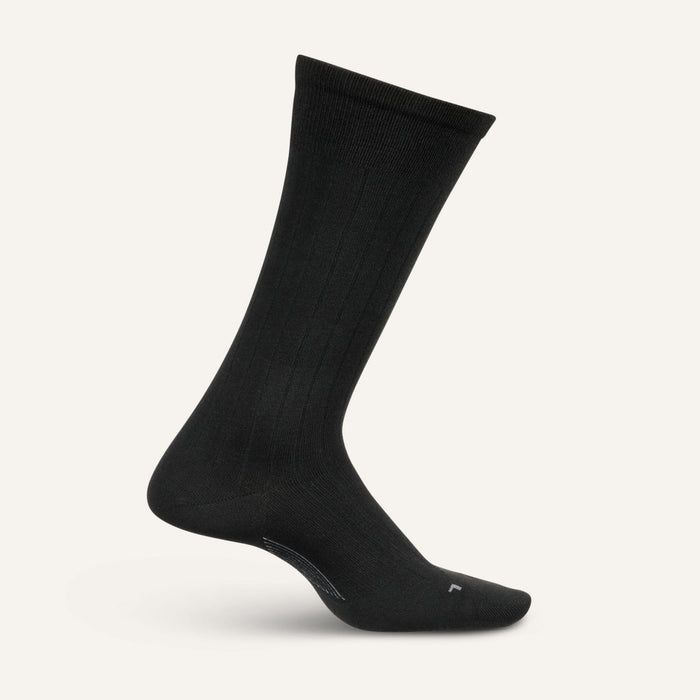 Feetures Everyday Men's Ultra Light Crew Wide Rib socks in black with ribbed texture and ultra-light material, side view