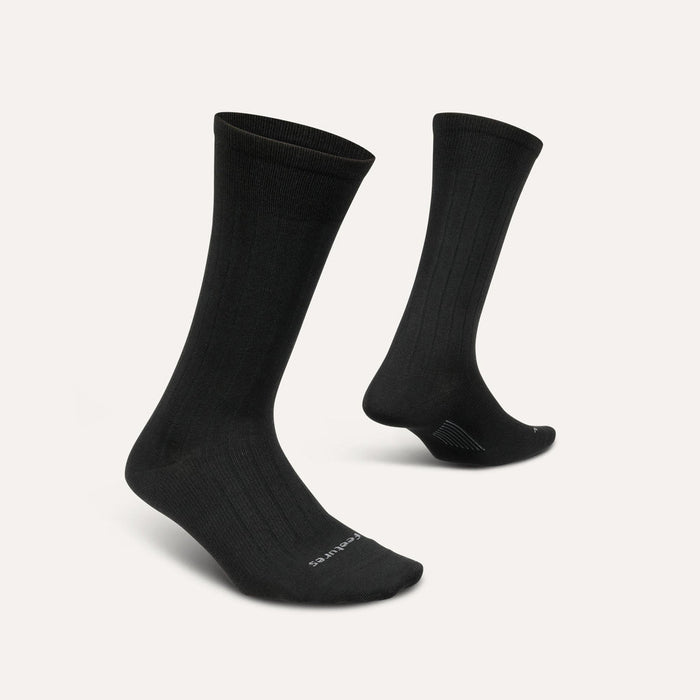 Feetures Everyday Men's Ultra Light Crew Wide Rib socks in black with ribbed texture and reinforced toe and heel, side angled view.