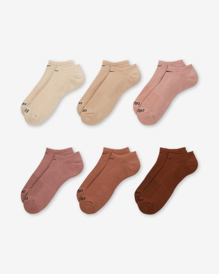 Nike Everyday Plus Cushioned No Show Socks, set of six pairs in beige, tan, pink, mauve, and brown, ribbed cuffs and cushioned design.