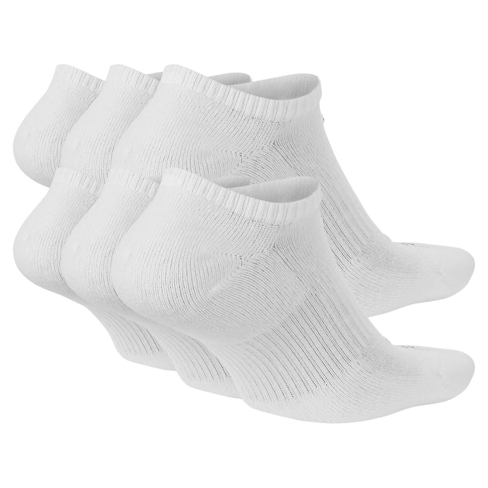 Nike Everyday Plus Cushioned No Show Socks in white with ribbed detailing and breathable fabric, side angle view.