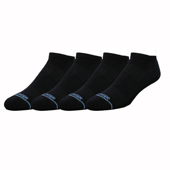 Tall Order Extra Cushioned Low Socks in black with blue branding on toe box, snug fit design, front-side view of four pairs.