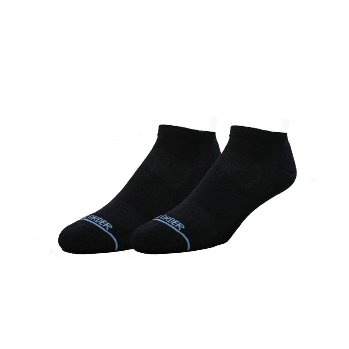 Tall Order Extra Cushioned Low Socks in black with reinforced toe and subtle blue branding, side view.