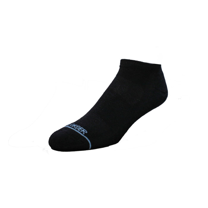 Tall Order Extra Cushioned Low Socks in black with reinforced toe and arch support, side view.