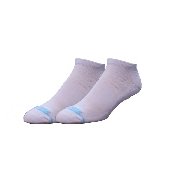 Tall Order Extra Cushioned Low Socks in white with reinforced toe and blue detailing, angled side view.