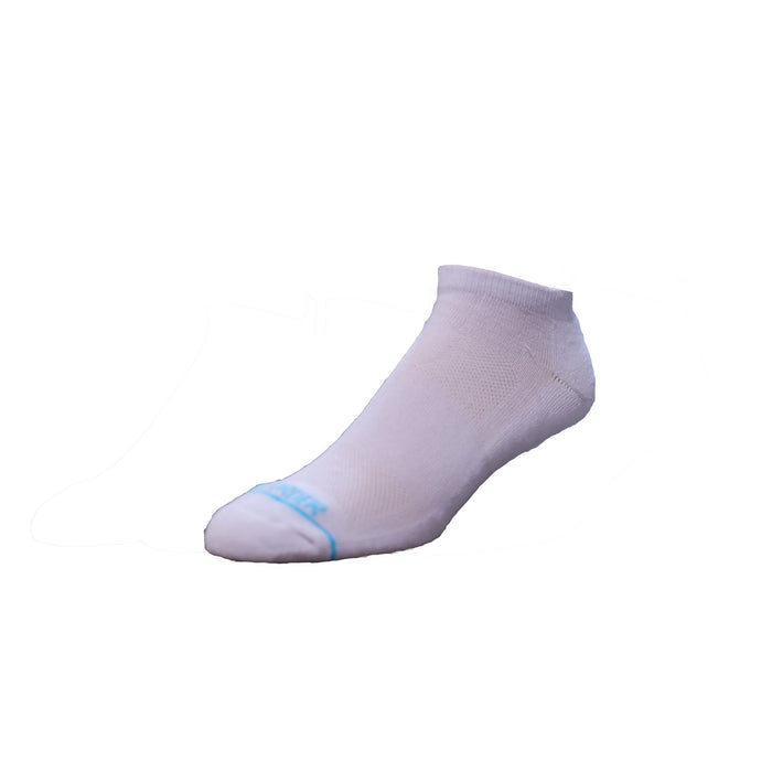 Tall Order Extra Cushioned Low Socks in white with blue accents and reinforced toe, side view showing lightweight design.