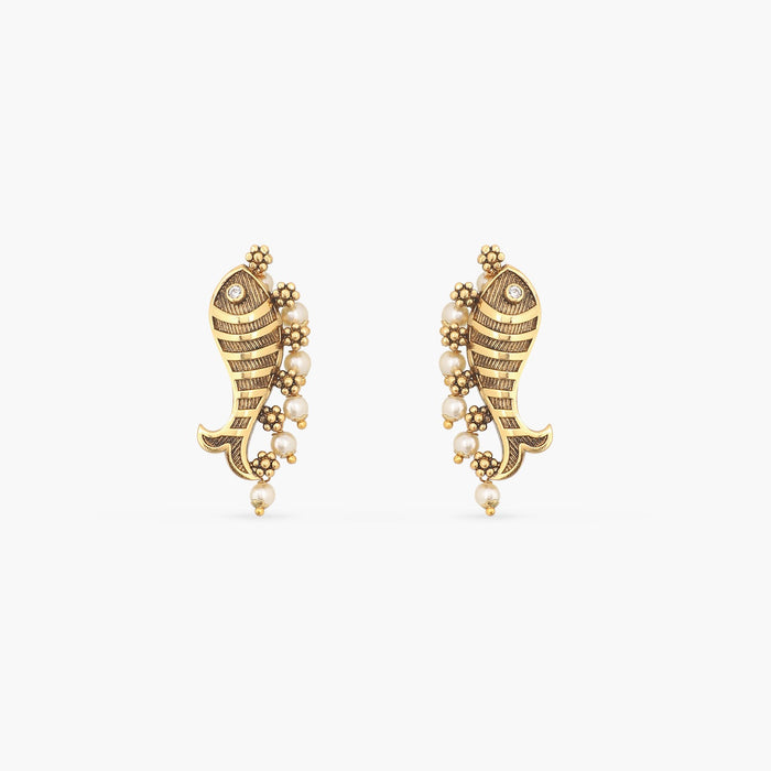 Fish and Pearl Oxidized Statement Earrings