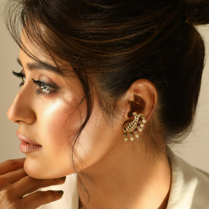 Fish and Pearl Oxidized Statement Earrings