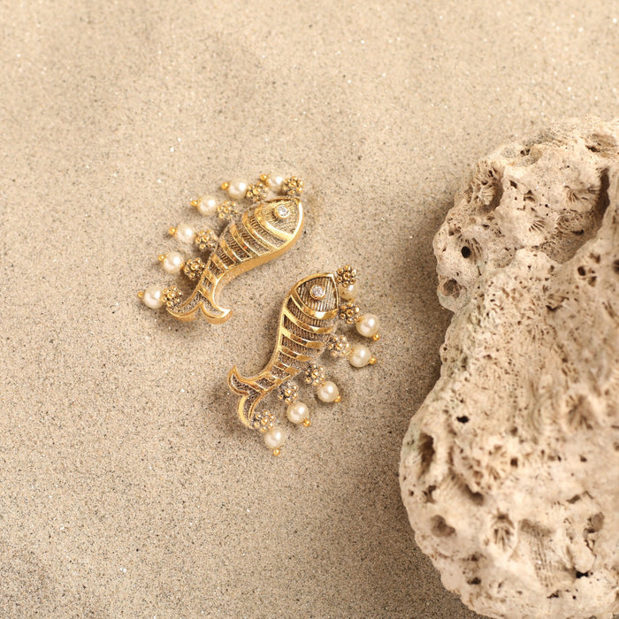 Fish and Pearl Oxidized Statement Earrings
