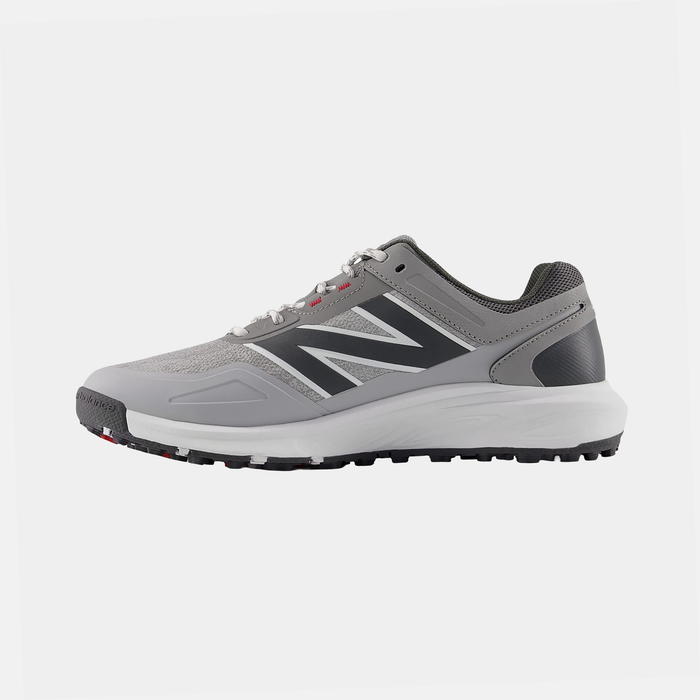 New Balance Golf Fresh Foam Contend v3 golf shoes in gray with mesh upper, Fresh Foam midsole, and spiked outsole, side view.