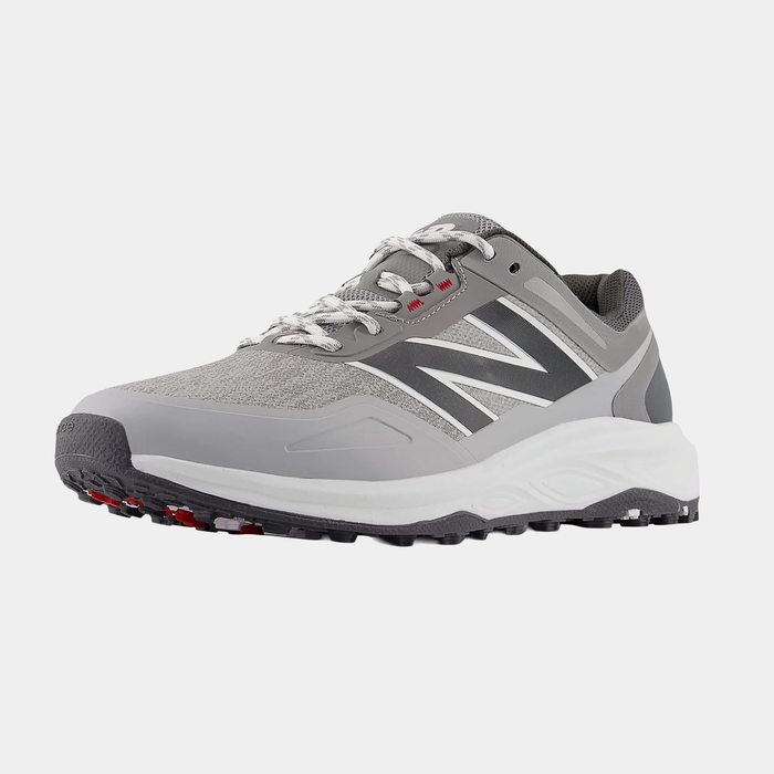 New Balance Golf Fresh Foam Contend v3 golf shoes in gray with mesh upper, white accents, and durable spiked outsole, front side view.