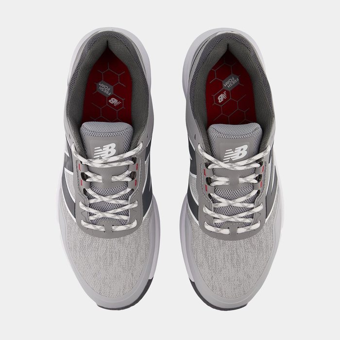 New Balance Golf Fresh Foam Contend v3 golf shoes top view in gray and white with mesh uppers, lace system, and red hex-patterned insoles.