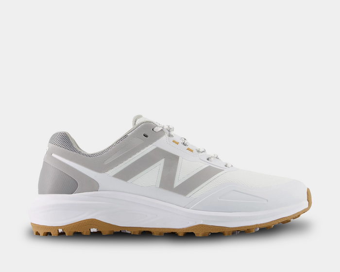 New Balance Golf Fresh Foam Contend v3 golf shoes in white and gray with mesh upper and gum rubber outsole, side view.