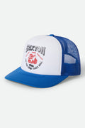 Unisex Garnet Netplus Trucker Hat in the color Royal/White/Royal - Front Product Laydown Image