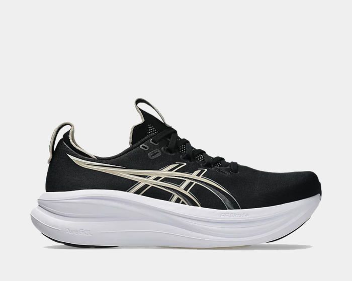 Asics Gel-Nimbus 28 running shoes in black with gold accents and white sole, side view.