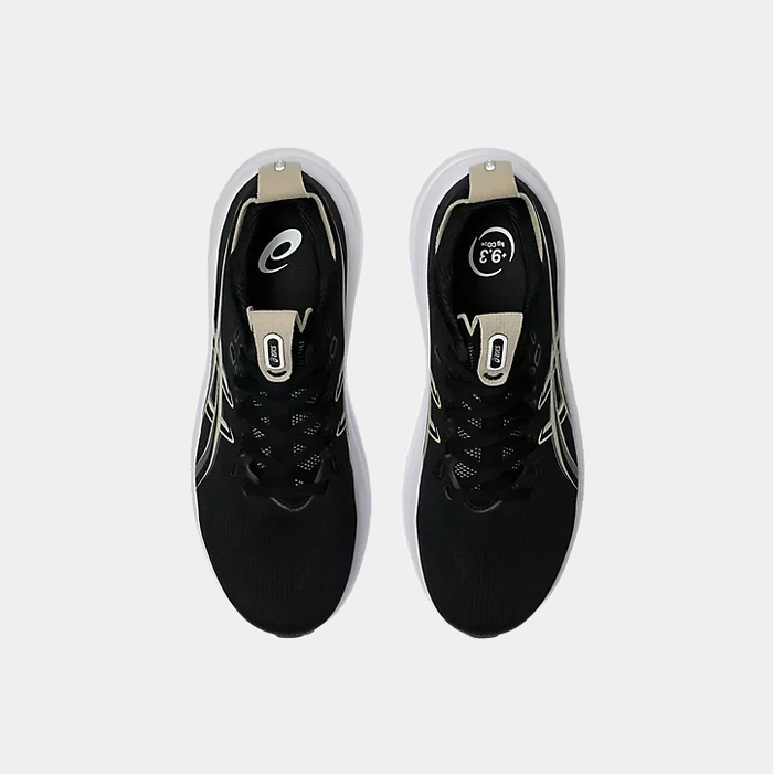 Asics Gel-Nimbus 28 running shoes in black with tan accents and breathable mesh upper, top view.