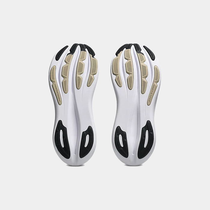 Asics Gel-Nimbus 28 running shoes, white and black soles with cushioning technology, bottom view.