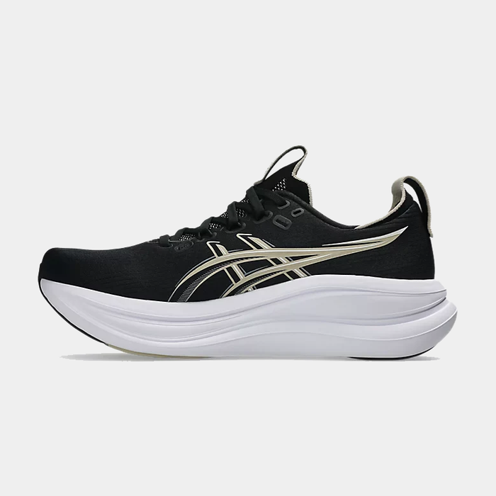 Asics Gel-Nimbus 28 running shoes in black with white midsole and gold accents, side view.