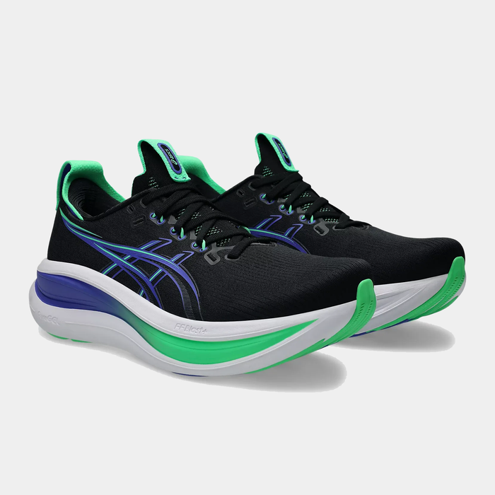 Asics Gel-Nimbus 28 running shoes in black with green and blue accents, featuring cushioned sole, front angle view.