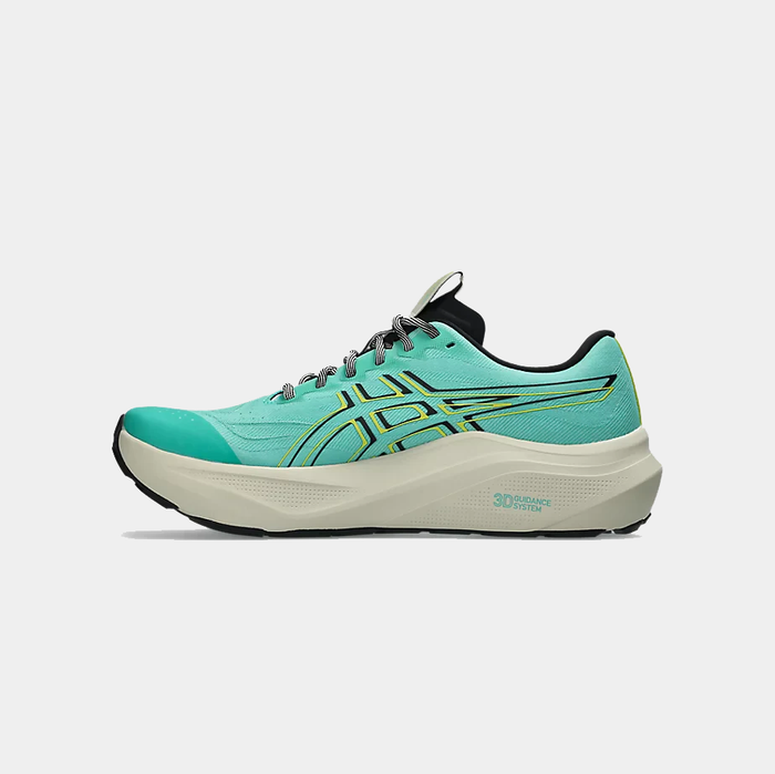 Asics GT-2000 14 TR running shoes in turquoise with black and yellow details, featuring a 3D Guidance System, side view.