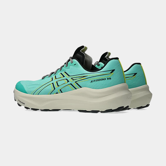 Asics GT-2000 14 TR running shoes in turquoise with black and yellow accents, featuring a cushioned white midsole and durable outsole, side view.