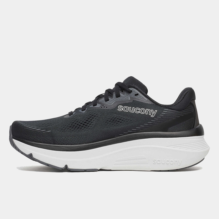 "Saucony Guide 19 running shoes in black with a breathable mesh upper and white midsole, side view"