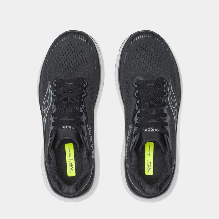 Saucony Guide 19 running shoes top view in black with breathable mesh upper and neon green insoles.