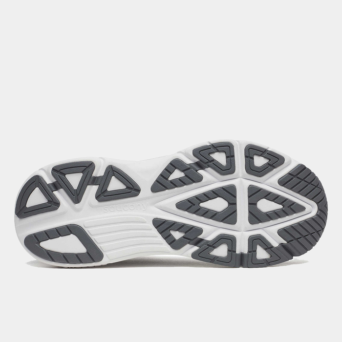 Saucony Guide 19 running shoes outsole in white and gray showing durable rubber tread pattern and flex grooves.