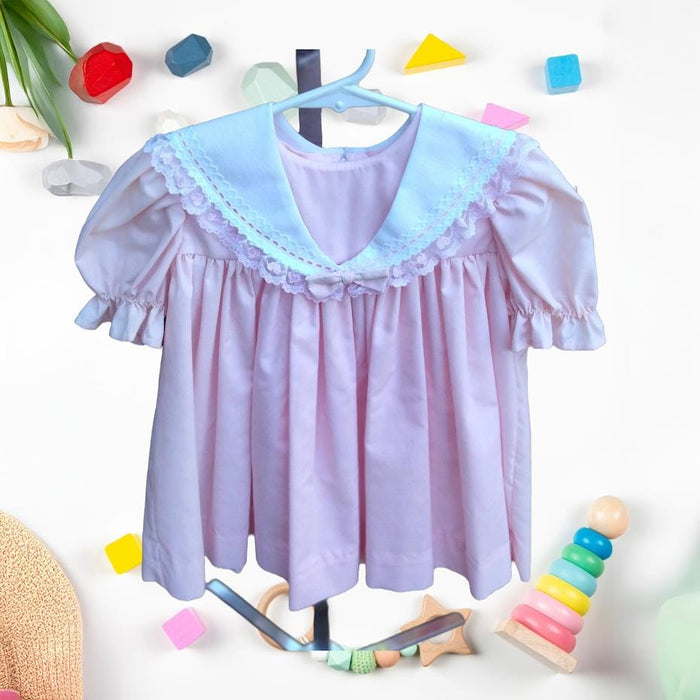 Handmade Pink Linen Toddler Dress – 2T, Lace Collar & Ribbon Trim