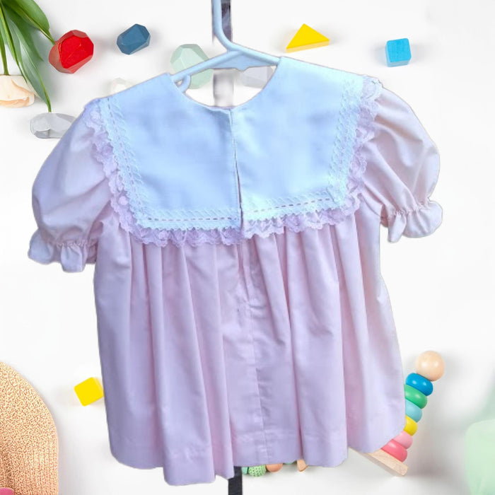 Handmade Pink Linen Toddler Dress – 2T, Lace Collar & Ribbon Trim