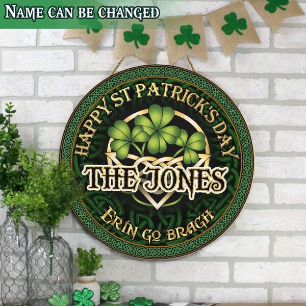 Happy St Patrick's Day - Celtic Shamrock - Personalized Wooden Door Sign