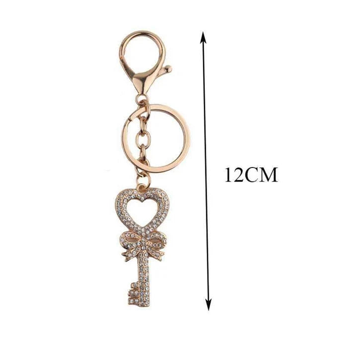 Heart Key Rhinestone Keychain (12-Piece Dozen Pack) | Crystal Bow Keyring Wholesale – Gold & Silver Set, 12cm (DKC-0399)