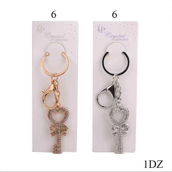 Heart Key Rhinestone Keychain (12-Piece Dozen Pack) | Crystal Bow Keyring Wholesale – Gold & Silver Set, 12cm (DKC-0399)