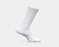 Feetures High Performance Max Cushion Crew socks in white with ribbed upper and cushioned sole, side view.