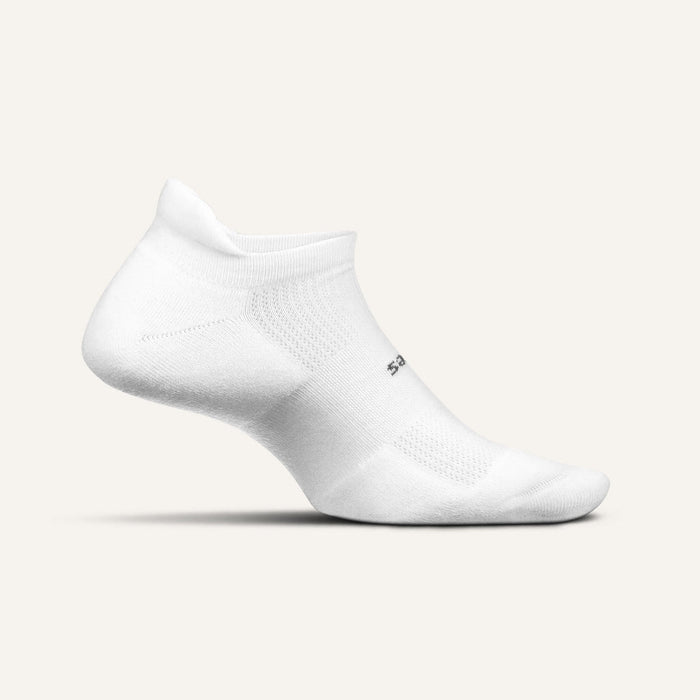 Feetures High Performance Max Cushion No Show Tab socks in white with enhanced cushioning and mesh ventilation, side view.